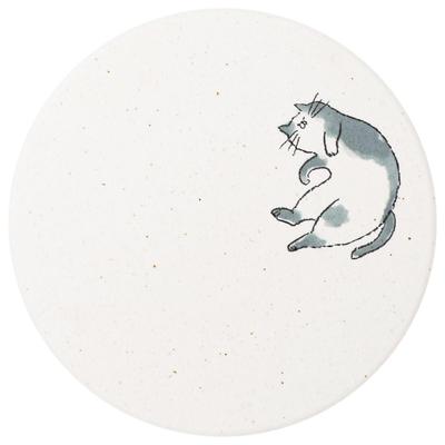 &NE Ceramic Diatomaceous Earth Coaster, Neko (Baking In the Sun), White, 9.7cm Diameter X 0.6cm Thick, Made In Japan, Mino Ware, Asbestos-Free,