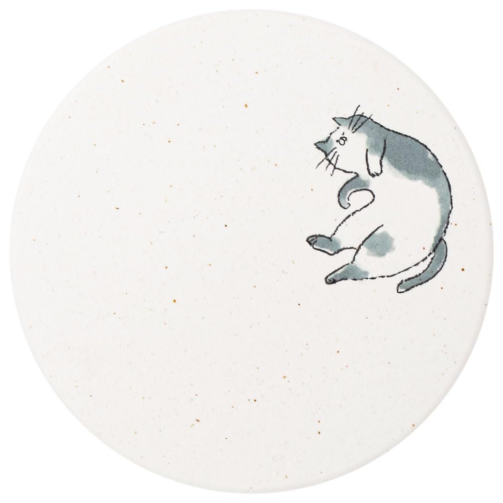 &NE Ceramic Diatomaceous Earth Coaster, Neko (Baking in the Sun), White, 9.7cm Diameter x 0.6cm Thick, Made in Japan, Mino Ware, Asbestos-Free,