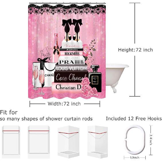 Fashion Luxury Girly Shower Curtain Pink Floral Black Perfume Shower Curtains Waterproof Polyester Fabric Shower Curtains for Bathroom Decor with 12