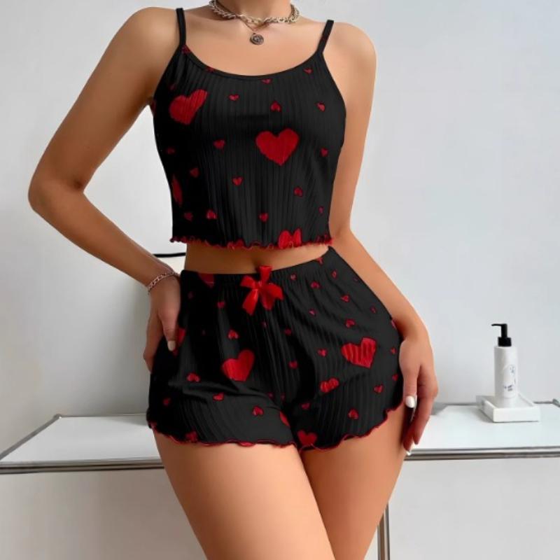 Pigiama da donna, set da notte, 2 pezzi, canottiera corta e pantaloncini, bianco, traspirante, morbido, casual, stampa Love L