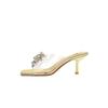 Women European Clear PVC Rhinestone Butterfly Slide Mules, Square Open Toe Sexy Slip On Thin Stiletto Heels DS-1927-H157