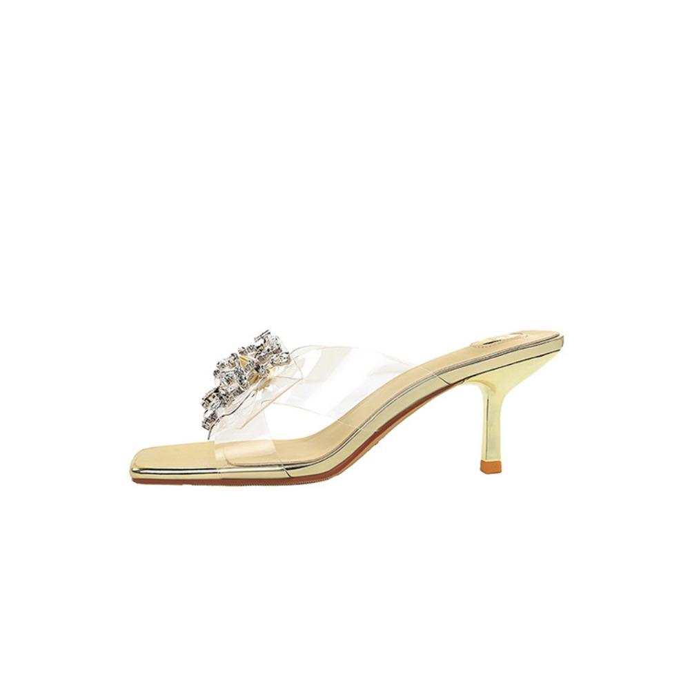 Women European Clear PVC Rhinestone Butterfly Slide Mules, Square Open Toe Sexy Slip On Thin Stiletto Heels DS-1927-H157
