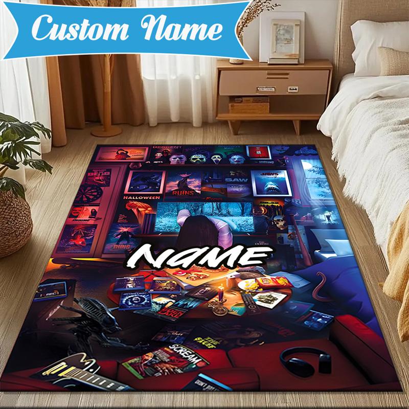 Custom Name orror characters Collage Rug for Living Room, Game Rooms, Office, Bedroom, Floor Mat Playful Design, fan gifts Christmas decor