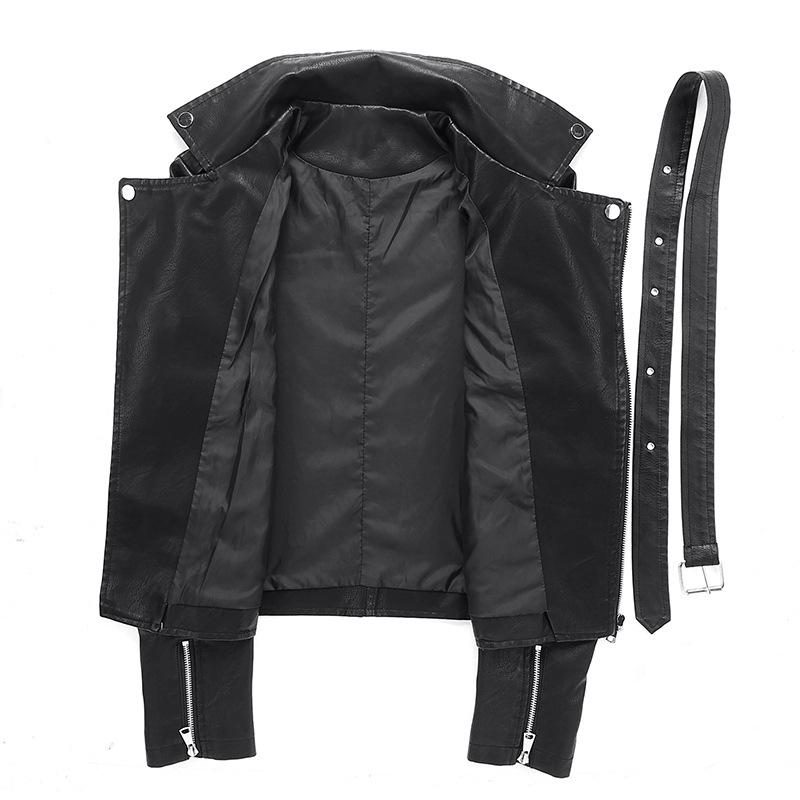 European Spring Women's Short Leather Motorcycle Jacket with Lapel Collar