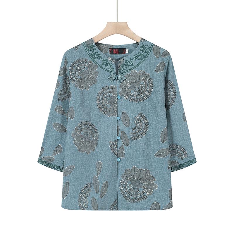 

Summer Seven-Sleeved Printed Shirt for Women, 60s Grandma Style Loose Lapel Cardigan, Middle-Aged and Elderly Women s Top 4XL (recommended 135-150 jin) зелёный