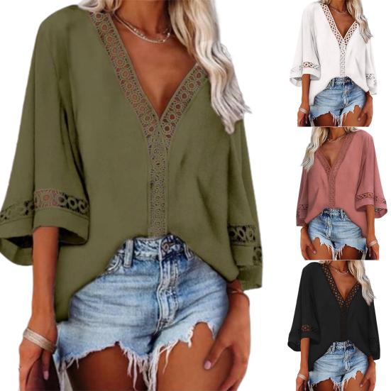 Blouse Solid Color Loose 4 Colors Women Hollow Out Lace Stitching Tops