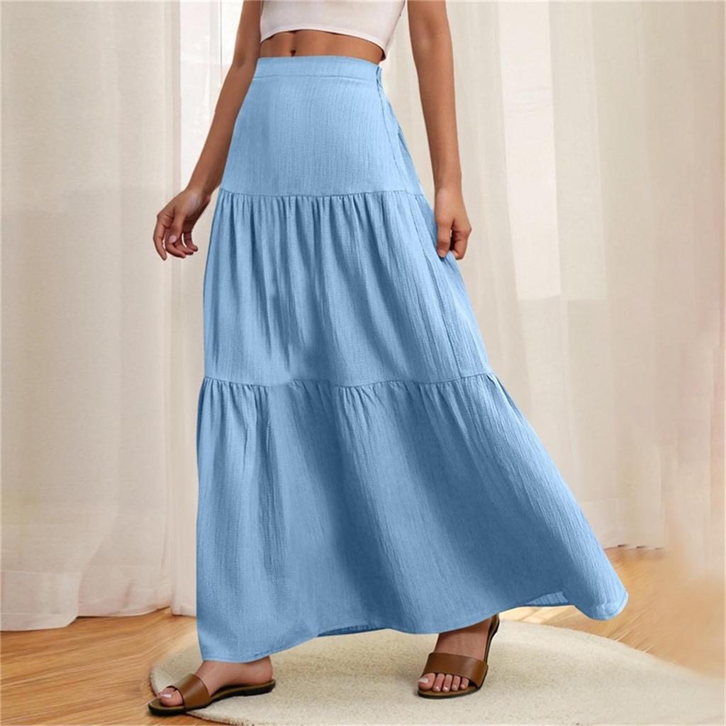 Women Summer Maxi Skirt Boho Ruffle Tiered Elastic High Waist Flowy Casual A-line Long Skirts