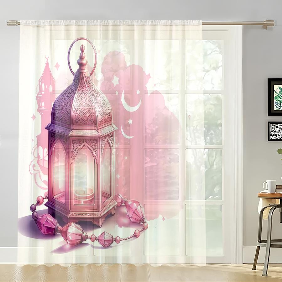 

Single Panel Gradient Pink White Background Rose Red Lantern Curtain Ramadan Festival Style Living Room Bedroom Translucent Polyester Ideal For Area W100*H70(CM)-Grommet top&2PCS