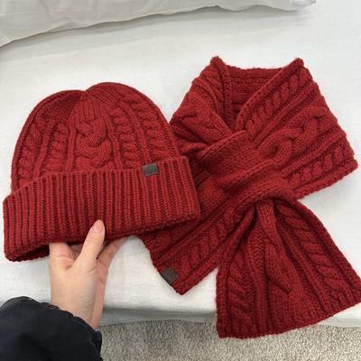 Korean Retro Fashionable Twist Wool Beanie Cap Scarf Set Winter 100% Pure Wool Warm Knitted Scarf