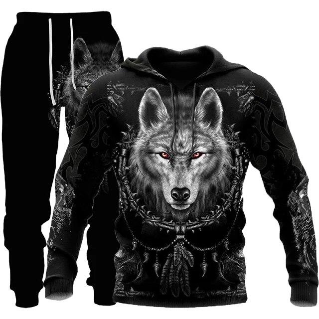 Autumn and Winter 3D Printed Wolf Men Hooded Sweater Pants Tracksuits 2 Piece Set Casual Sweatshirt Fashion Mens Hoodies Outfit