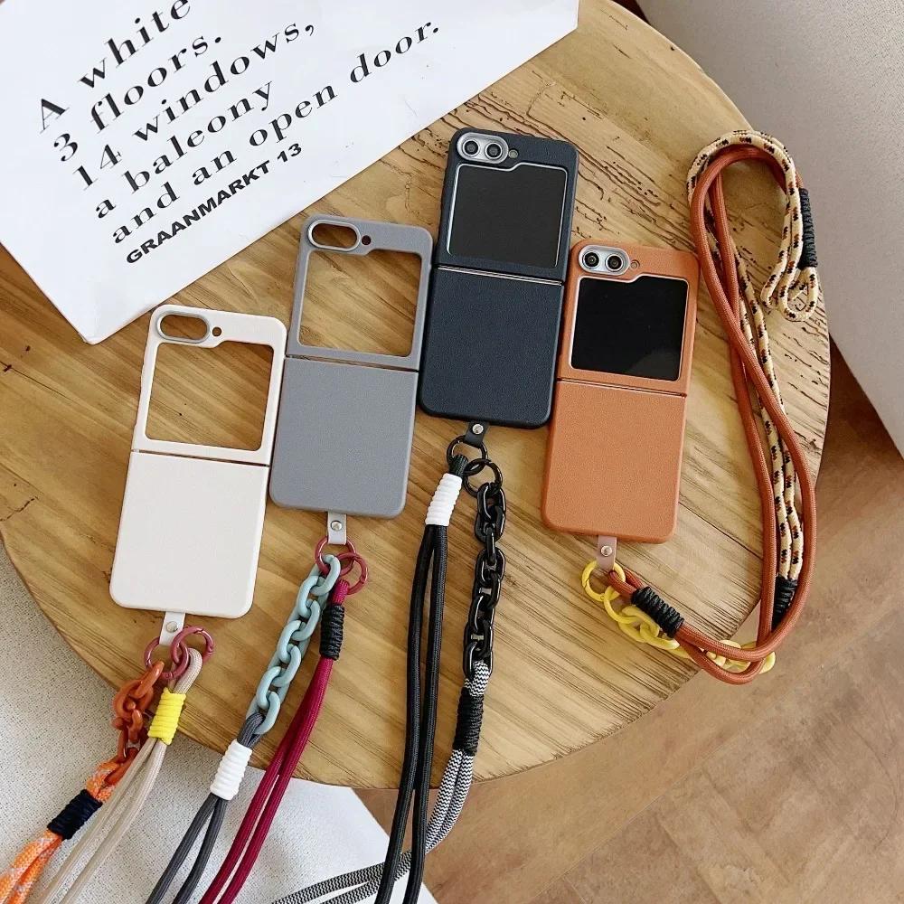 Simple Plain Leather Pattern Crossbody Lanyard Phone Case for Samsung Z Flip 6 5 4 3 Flip6 Flip5 Flip4 Flip3 5G Protective Cover