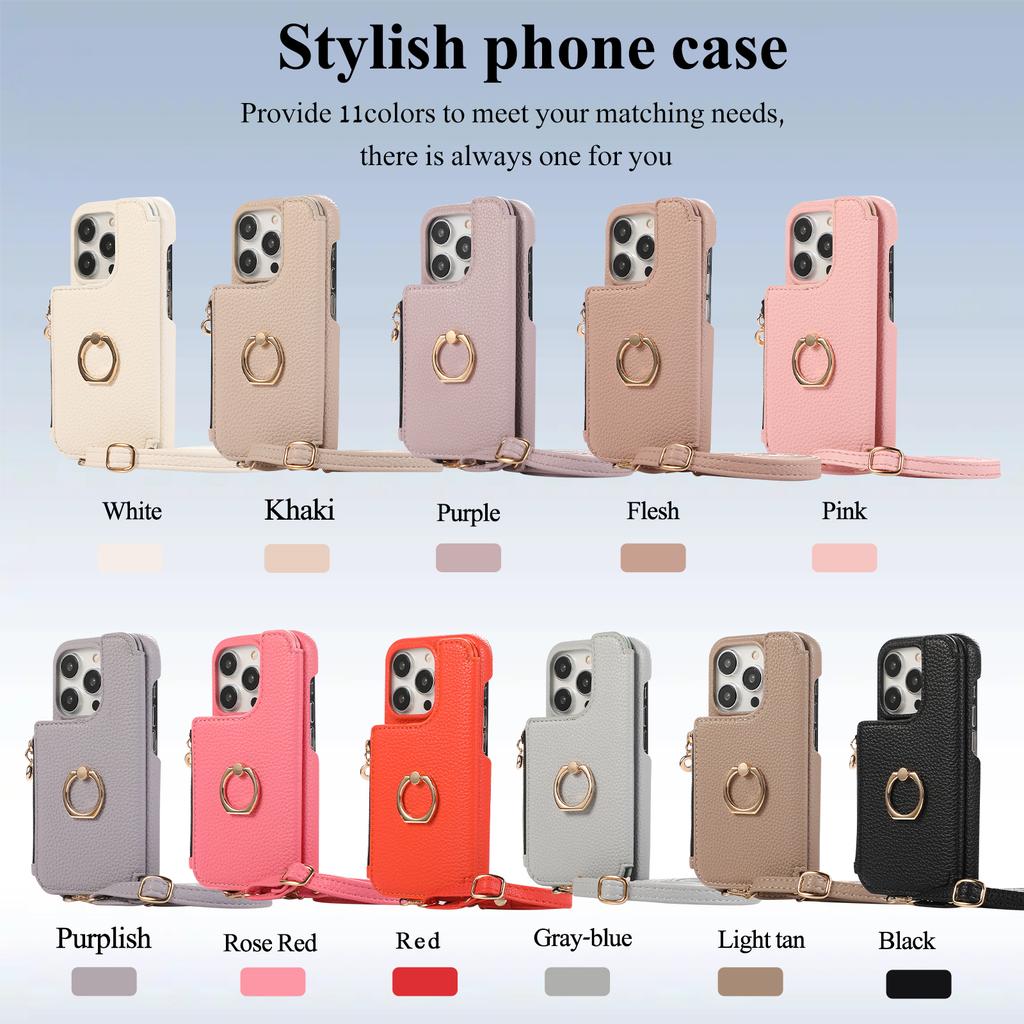 Ring Holder Crossbody Zipper Cards Solt Wallet Leather Case For iPhone 15 Pro Max 14 Plus 13 12 11 SE 2022 Makeup Mirror Cover