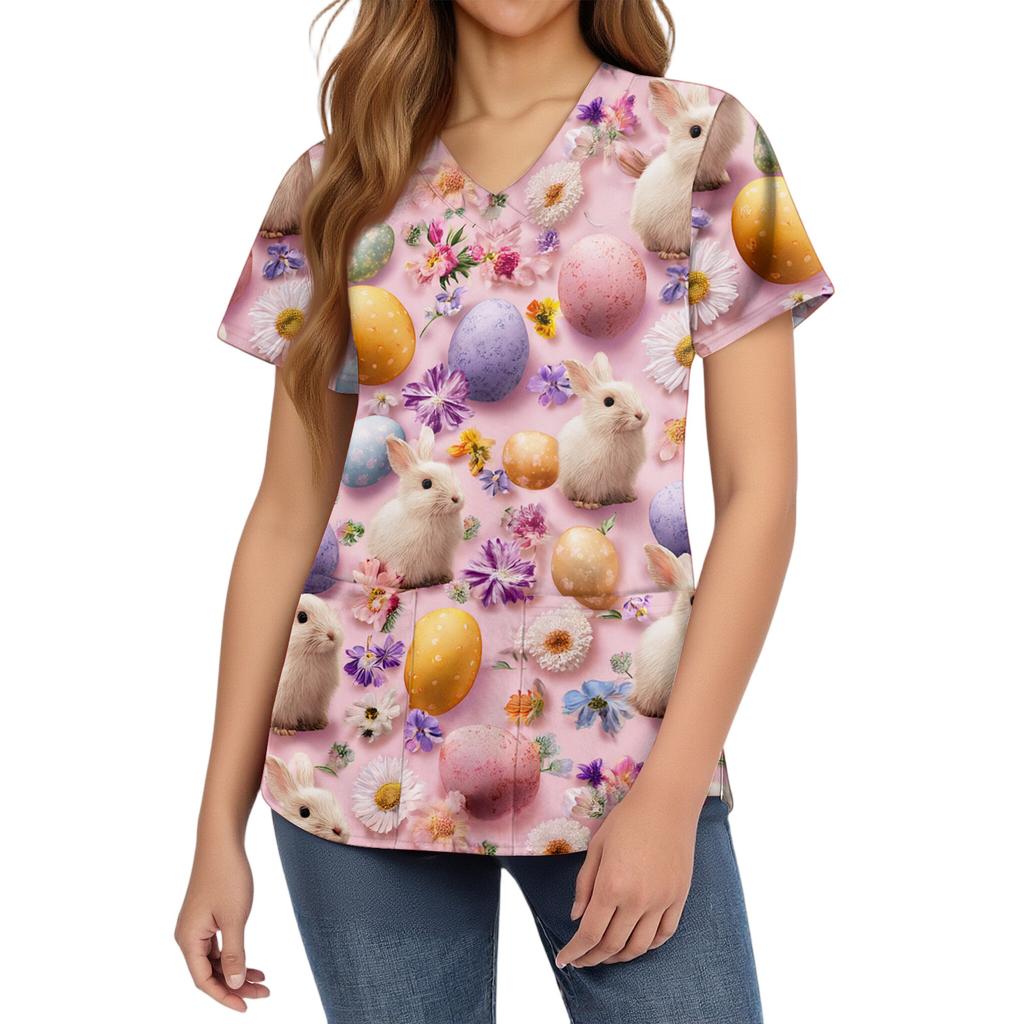 Μοντέρνα γυναικεία δουλειάς με V λαιμόκοψη, κοντό μανίκι και τσέπες, μπλούζα με πασχαλινό σχέδιο, στολή φροντίδας.