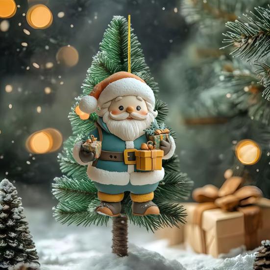 Santa Claus Ornaments 2D Acrylic Cartoon Santa Pendant Christmas Tree Hanging Decoration for Holiday Tree Home Decor