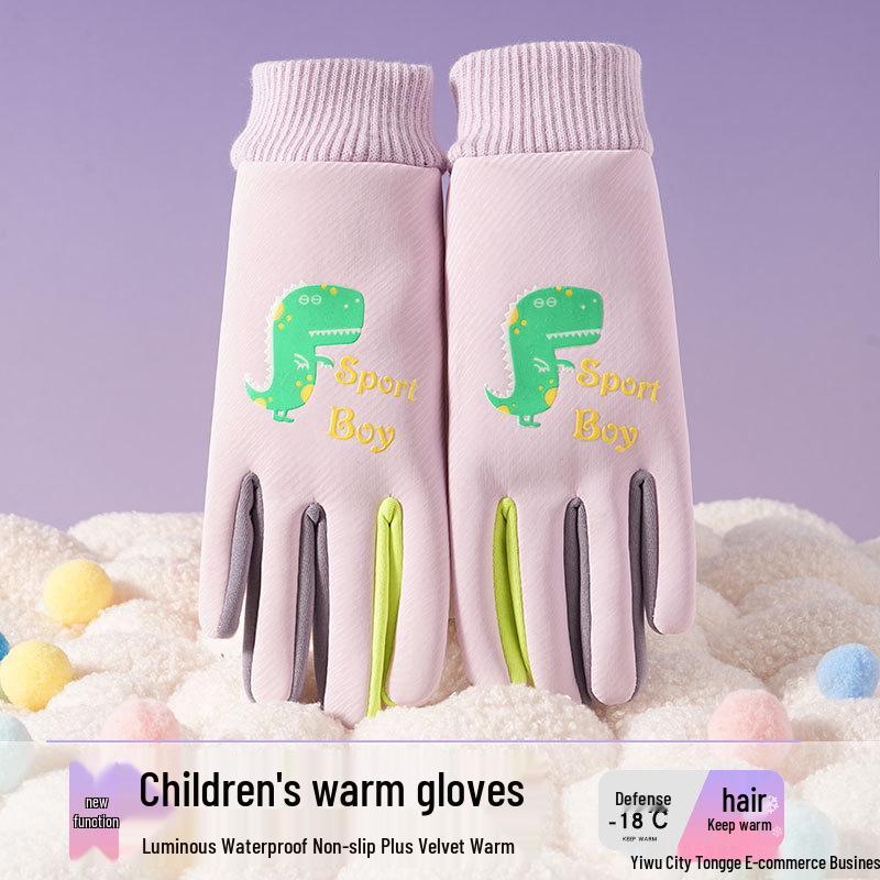 Kids' Winter Gloves: Fleece-Lined, Warm, Non-Slip, Waterproof for Skiing, Cycling, and Playing, with Cute Ribbed Cuffs and Five Finger Design.