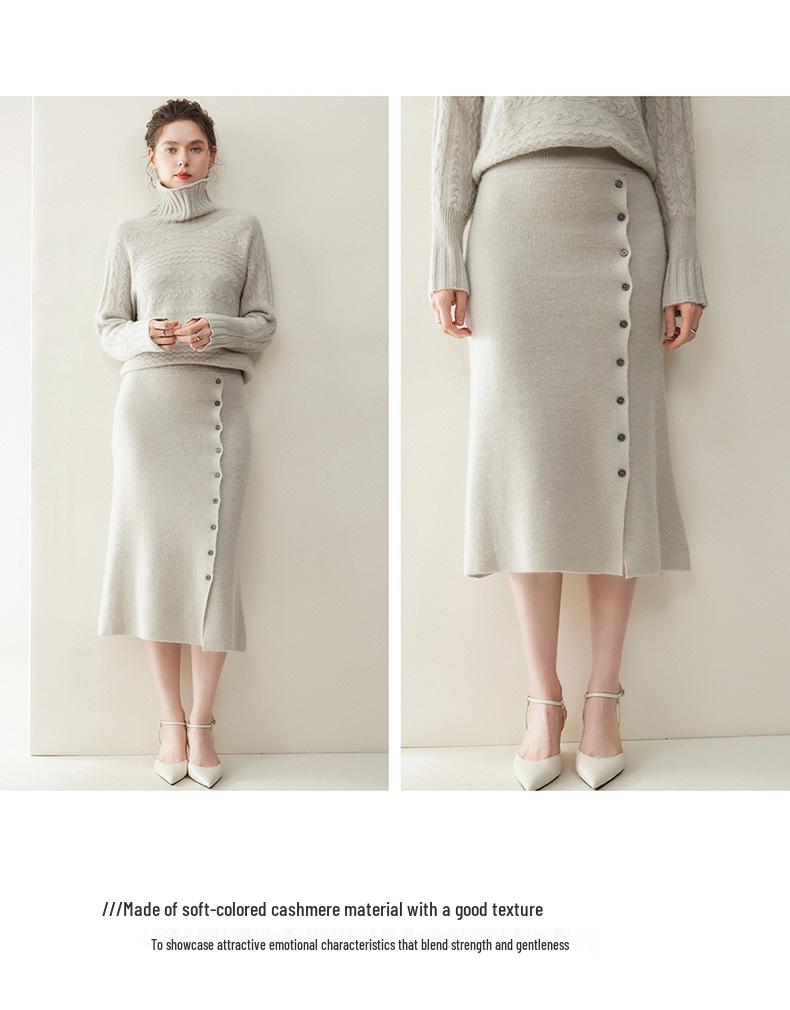 2025 Autumn/Winter Women's Cashmere Sweater & Slimming Knit Midi A-Line Skirt Set