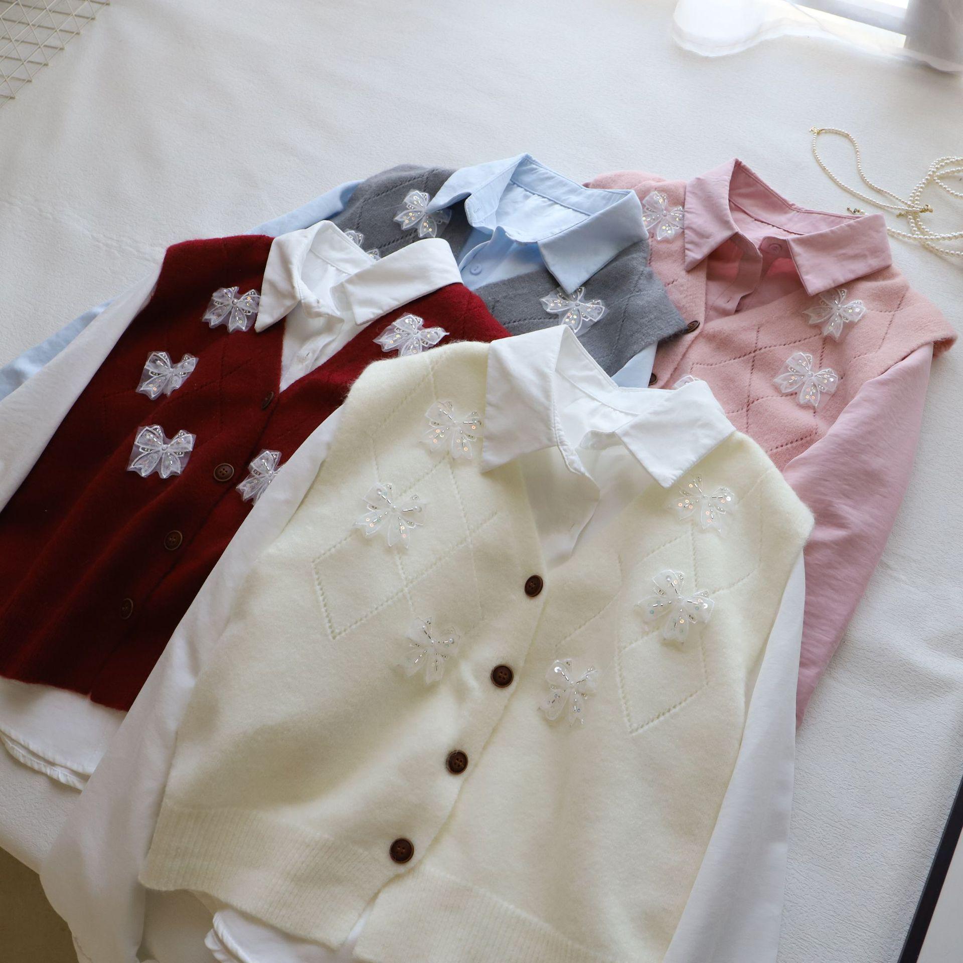 

[Bi Zheng] 2025 Early Spring Korean Bow Knit Vest & Long Sleeve Shirt Set for Women One Size рожевий