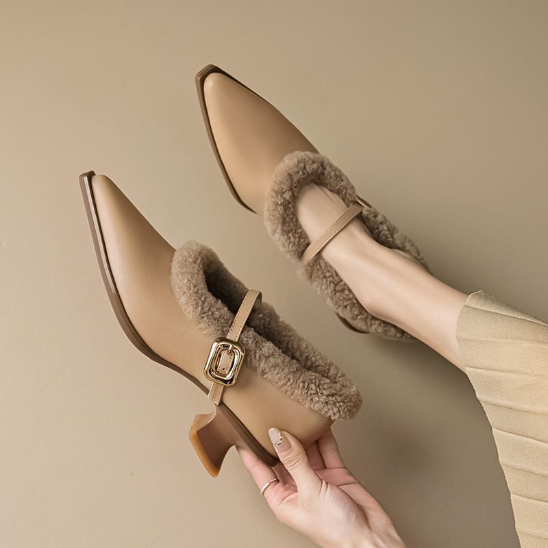 Fashion Elegant Metal Buckle Mary Janes Woman Chic  Brand Design Fur Low Heel Dress Shoes Ladies Winter Warm Plush Belt Pump Zapatos