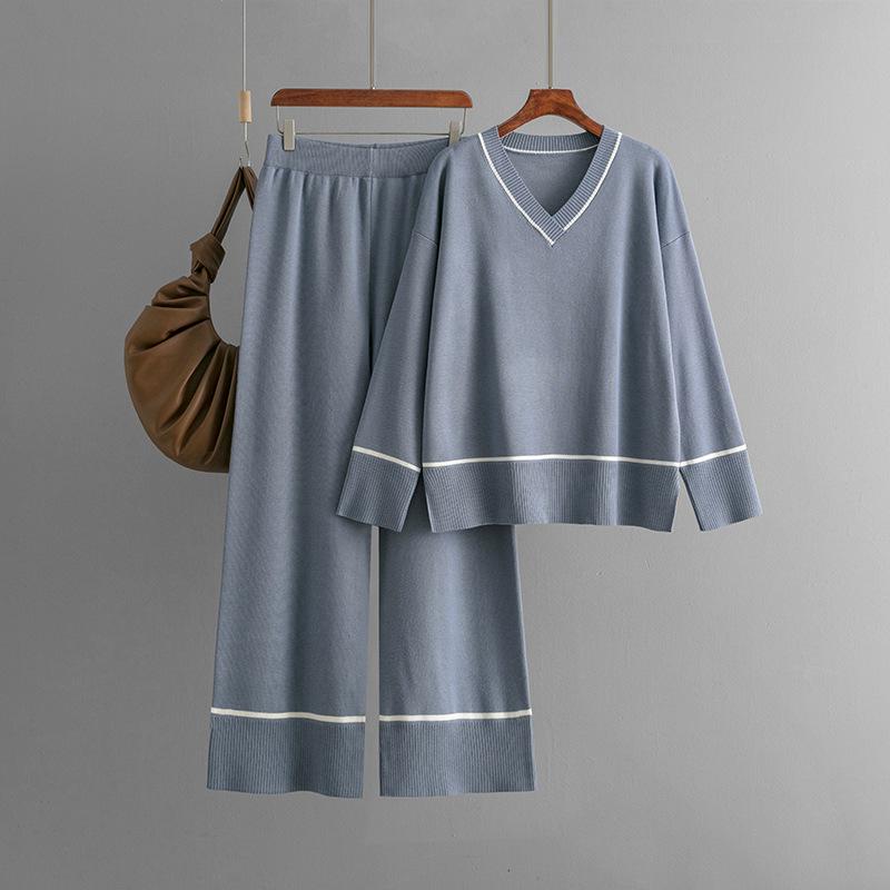 Fall Winter Lazy Wind Loose V-Neck Pulllover Sweater Suit Women's Solid Color Long Sleeve Knit Wide Leg Pants Two Piece Set