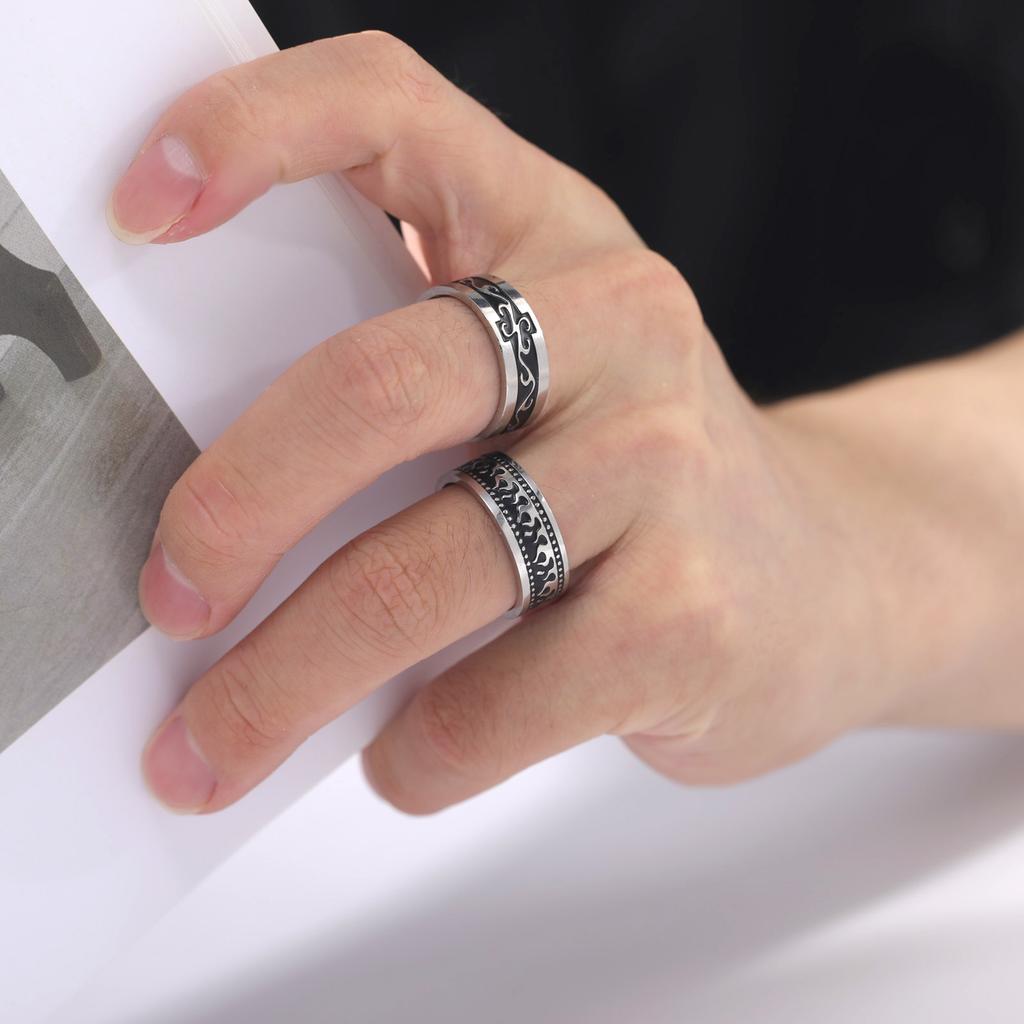 My Shape Vintage Fire Flame Totem Vine Cross Rings for Men Black Paint Punk Stainless Steel Finger Rings Male Jewelry Amulet
