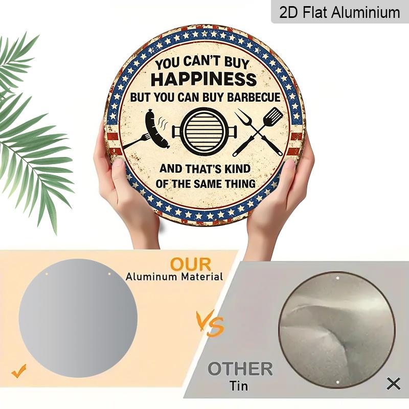 2D Flat, 1pc Round Aluminum Hanging Sign - "You Can't Buy Happiness But You Can Buy Barbecue" Funny BBQ Quote Metal Wall Art, Vintage Patriotic Stars