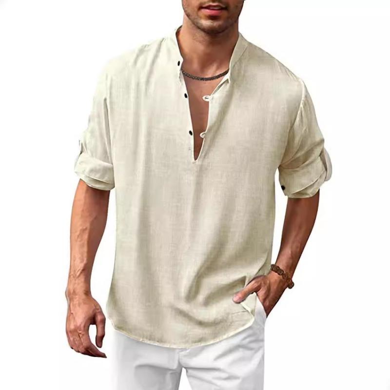 Nová pánská košile z bavlny a lnu, ležérní plážová košile ve stylu hippie, tričko s dlouhým rukávem * Košile
