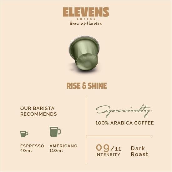 ELEVENS COFFEE | Rise & Shine | Specialty Coffee Capsules | 100% Arabica | 11 Aluminium Coffee Pods (10 + 1) | Dark Roast | Intensity 9