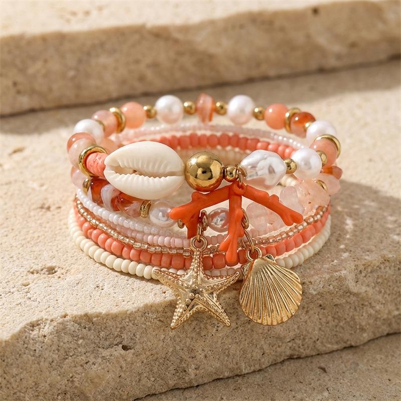 Imitation Pearl Coral Starfish Shell Seed Bead Bracelet Stacking Jewelry Fashion Beach Style Vacation Gift Daily Accessory