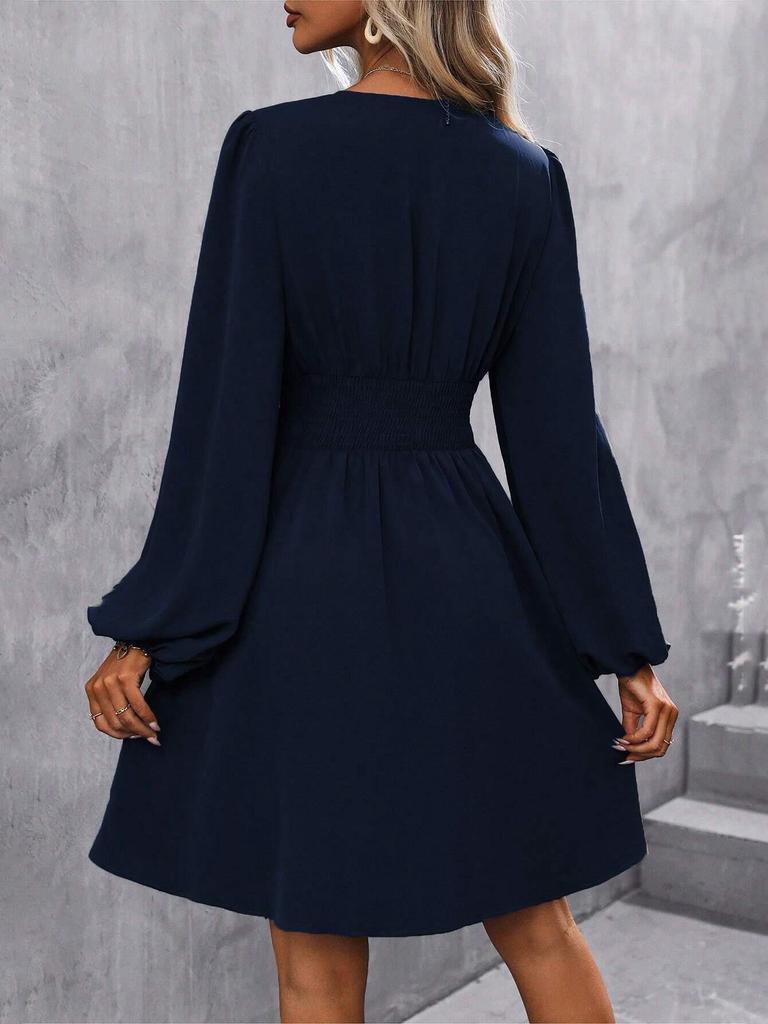Asymmetric Neck Lantern Sleeve Ruffle Waist Dress