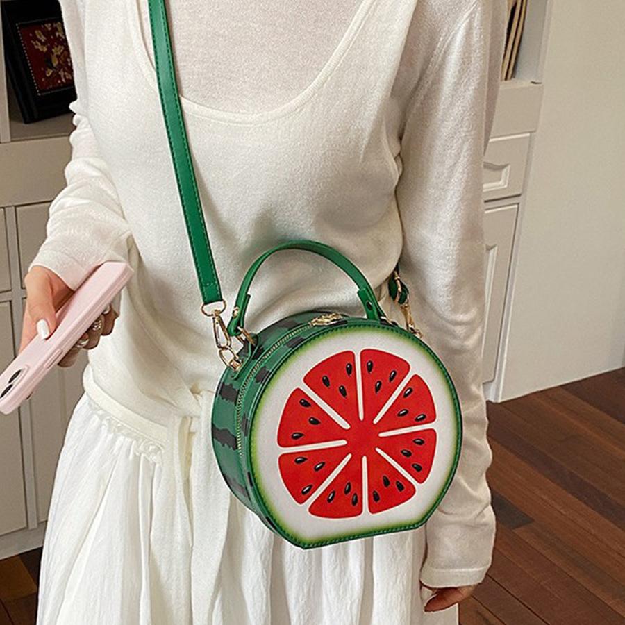Kreative Frucht-Design Umhängetaschen für Damen Handys Sommer Lustige Wassermelonenförmige Runde Kleine Umhängetasche Leder Handtasche