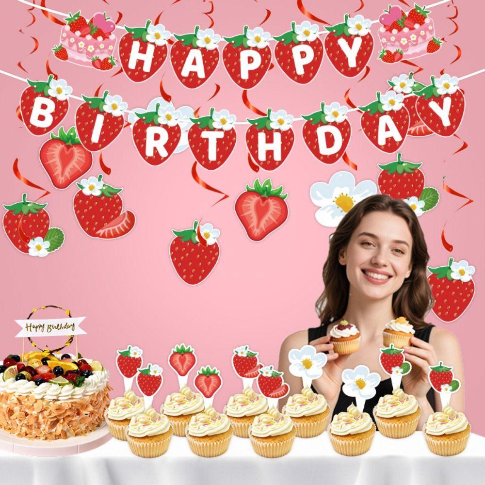 Creative Strawberry Honeycomb Ornament Cartoon Strawberry Hanging Banners  Birthday Decoration