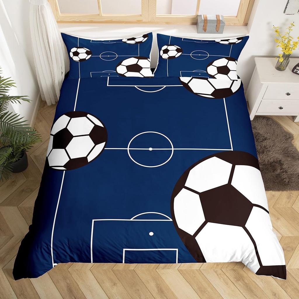 Reißverschluss mit Fußball-Bettbezug, Vollgröße, Fußball-Sport-Bettwäsche-Set, Jungen, Teenager, Ballspiel-Deckenbezug, Blauer Bettdeckenbezug, 3 Teile