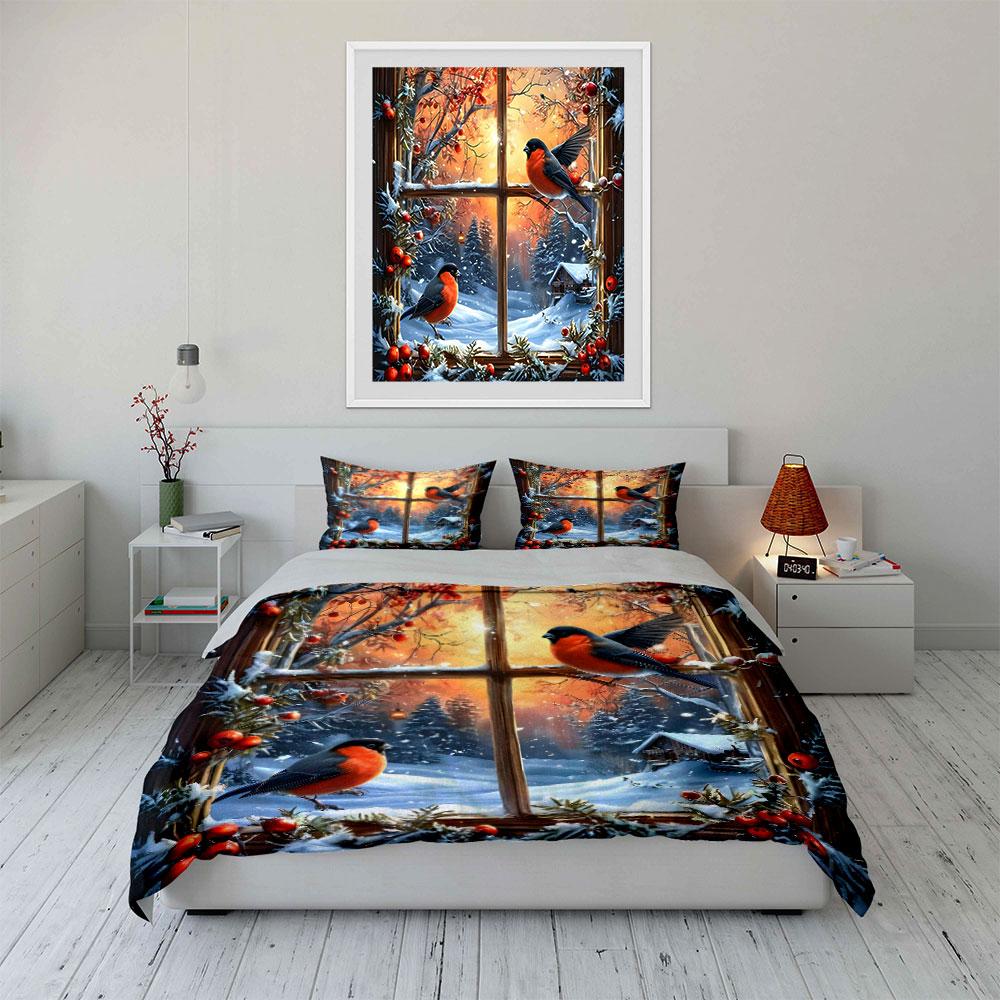 Winter Birds And Snowy Landscape Kid'S And Adults' Bedroom Decor, Exquisite Three-Piece Bedding Set Gift