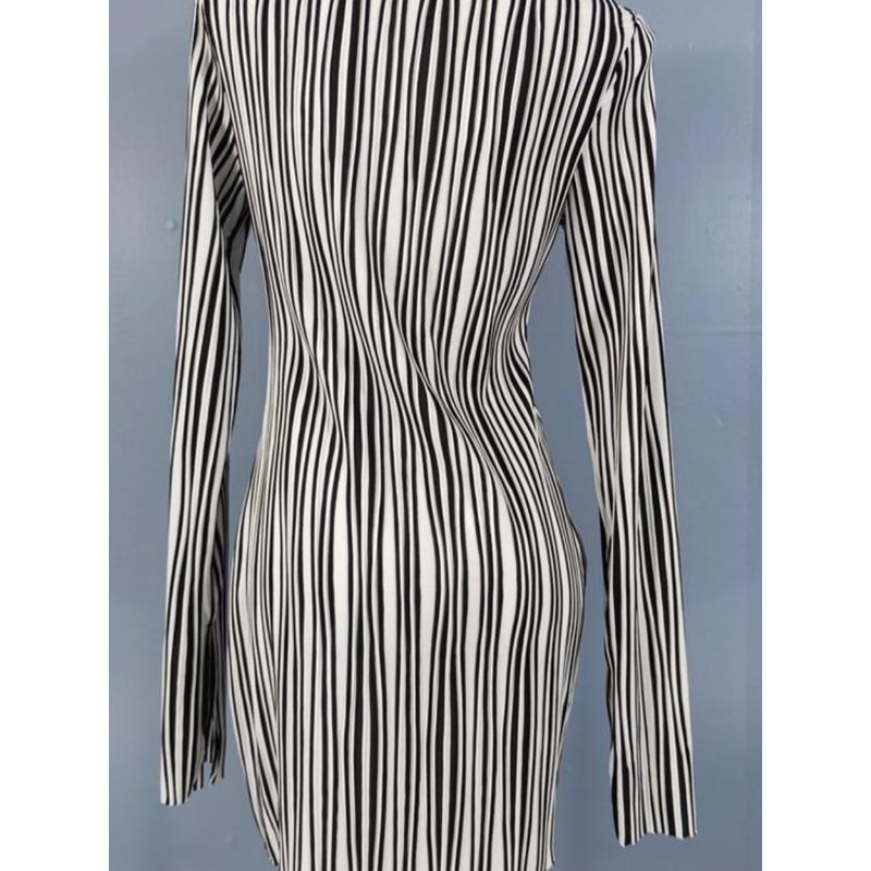 Export Sexy Fashion Sexy Long Sleeves Stripes Breasted Ruched Autumn Slimming Stylish Easiest for Match Shirt Dress plus Size