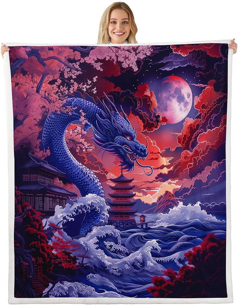 GUOYU Decke Japanische Stil Decken und Überwürfe Kran und Sonne Decke Überwurf für Kinder Erwachsene Kirschblüte Fleece-Decke Orientalische Malerei