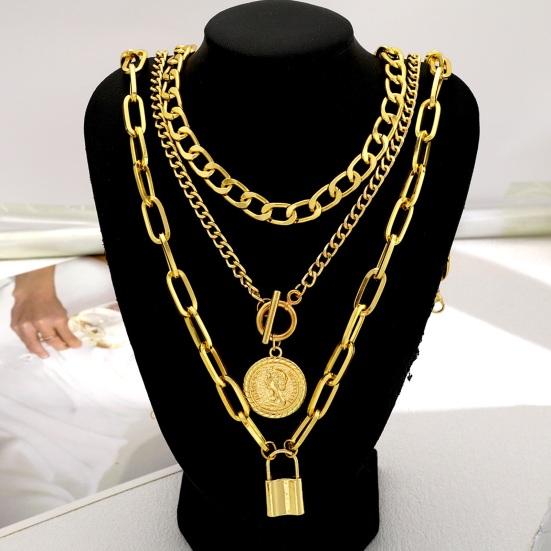 1 Set Women Necklace Golden Color Luster Polished Thick Hollow Chain Lock Pendant Exaggerated Hip Hop Style Performance Club Jewelry