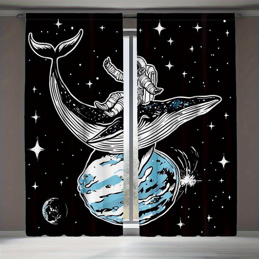 Set Of 2 Blue Whale Astronaut Space Themed Curtains Semi Transparent Polyester Design Bedroom Made Machine Washable Master Window Treatment