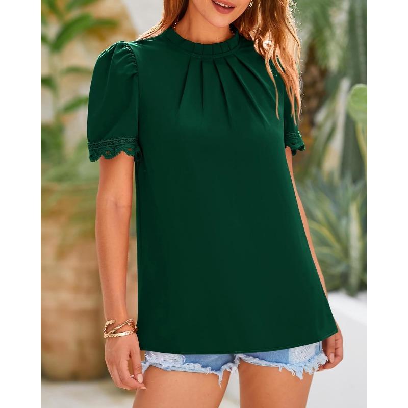 YYFS Damenmode, lässig, Sommer, Frühling, einfarbig, bedruckt, kurzärmelig, O-Ausschnitt, Blusen und Hemden