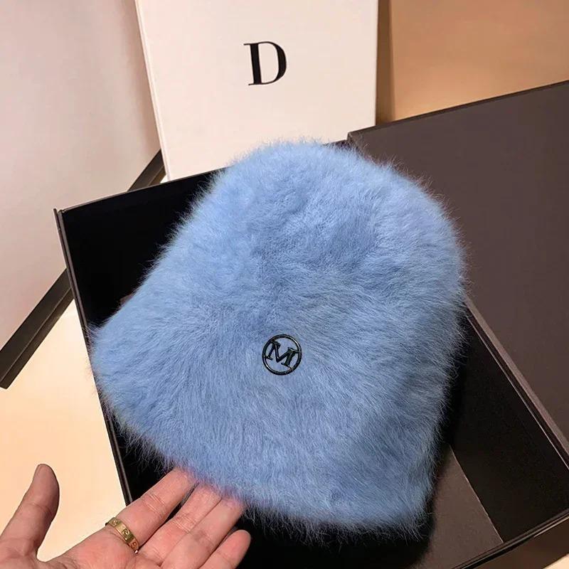Luxury Warm Plush Rabbit Fur Winter Hat Designer M Bucket Hat Woman Lady Fashion Bob Hat Retro Fluffy Angola Female Hat Panama