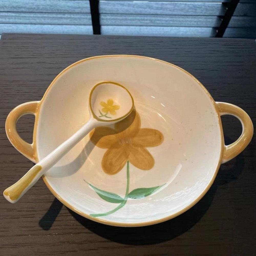 Hand-Painted Flower Ceramic Bowl with Spoon - Multi-Use Salad/Snack/Dessert Bowl for Breakfast Oatmeal Microwave Safe Kitchenwar