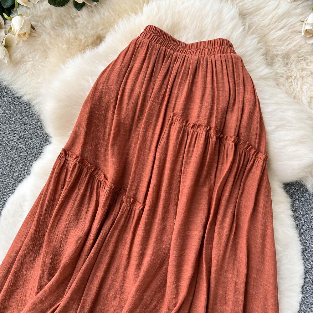 Summer High Waist Drape A-Line Skirt Fashion Elastic All-Match Pleated Large Swing Temperament Midi Skirt