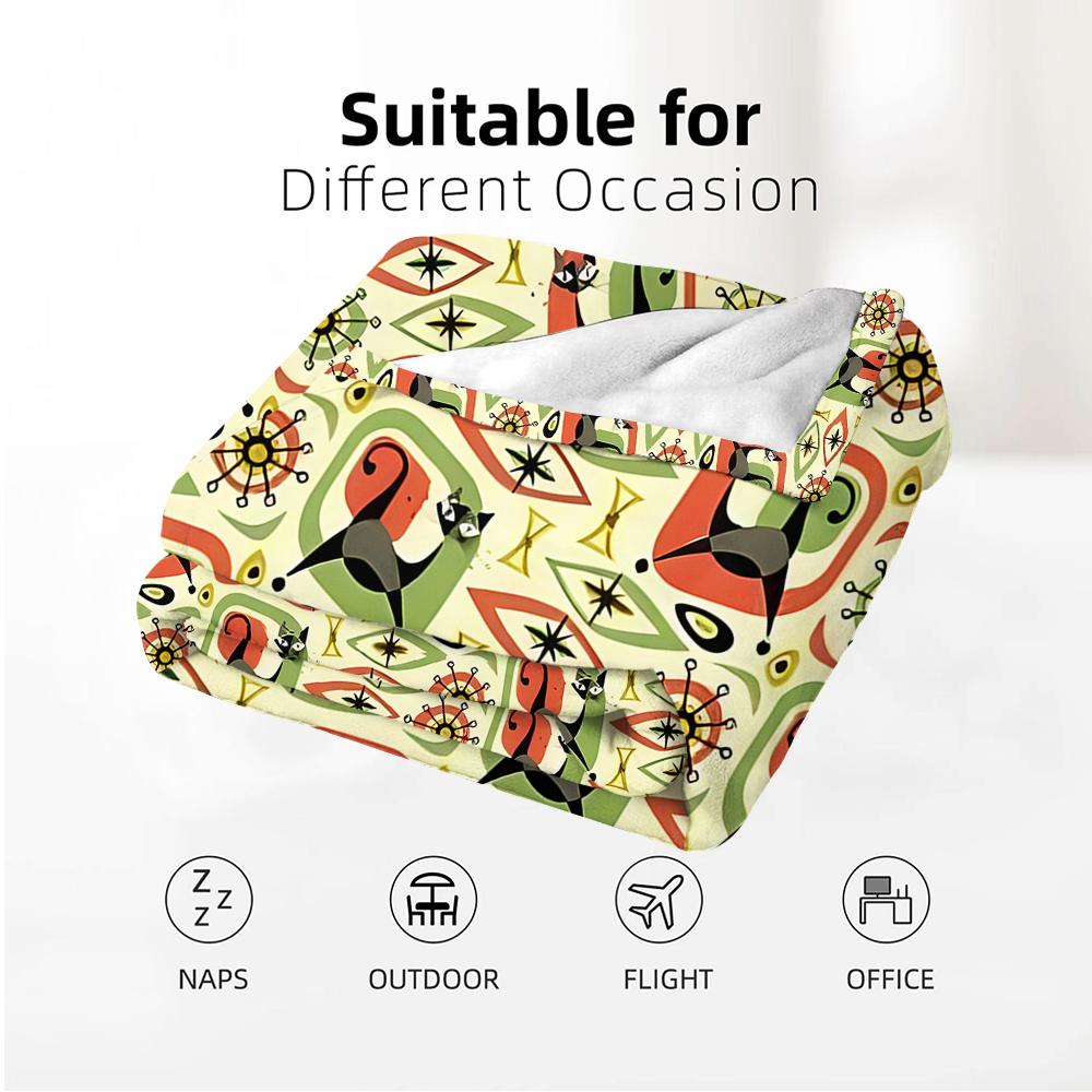 Retro Cat Geometric Anime Cartoon Flannel Blanket Soft Warm Throw for Bedroom Sofa Car Kids Holiday Gift