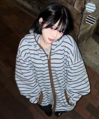 Filluminate Stripe String Semi-Crop Zip-Up Hoodie - 2 Colors