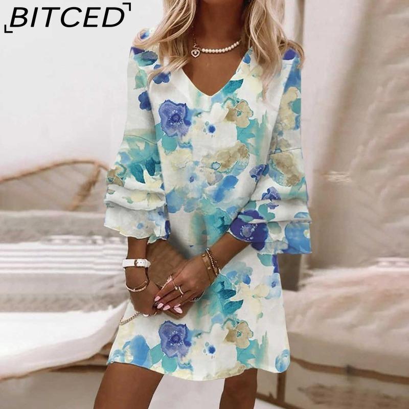 BITCED Women s Elegant Print V-Neck Three-Quarter Sleeve Mid-Length Dress S
