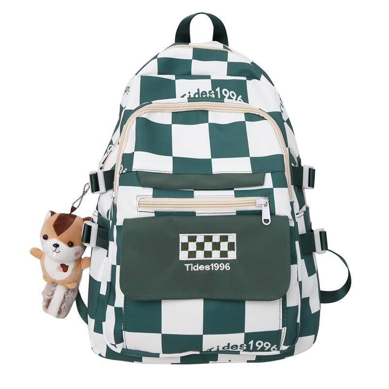 Nylon School Backpack For Girls And Boyswith Grid Print And Letter Embroidery Design For Daily Use зелёный