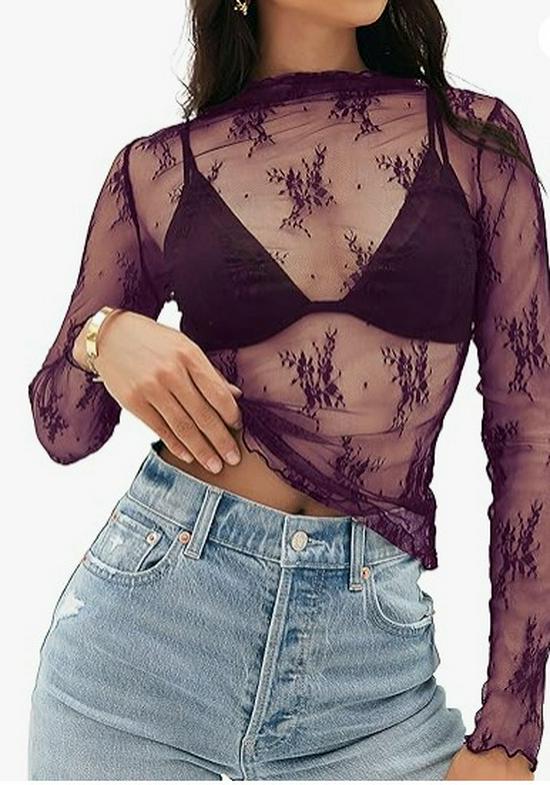 Women s Mesh Lace Layered Stand Collar See-through Top. XS фиолетовый