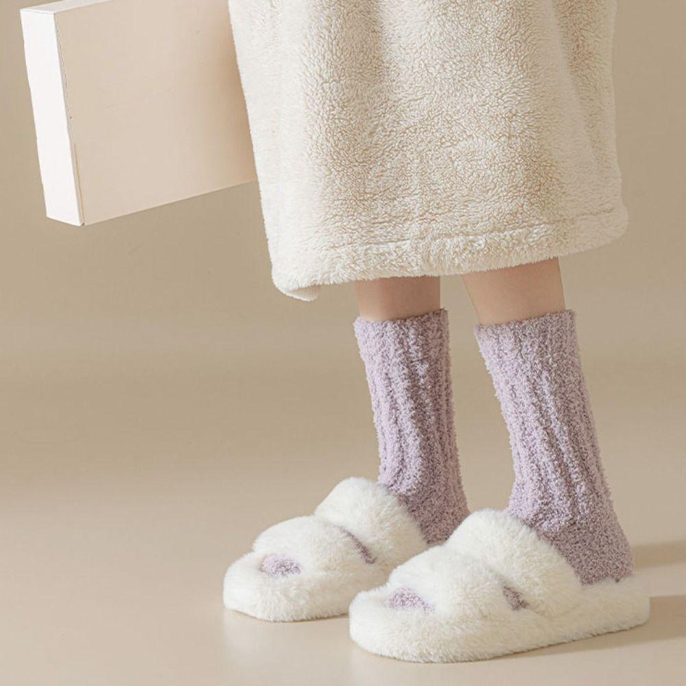 4Pairs Winter Coral Fleece Socks Thickened Mid Tube Socks Women Floor Plush Socks  Winter