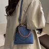 Elegant Kiss Lock Shoulder Bag Solid Color Large Capacity Denim Blue Crossbody Bag High Quality Messenger Pouch
