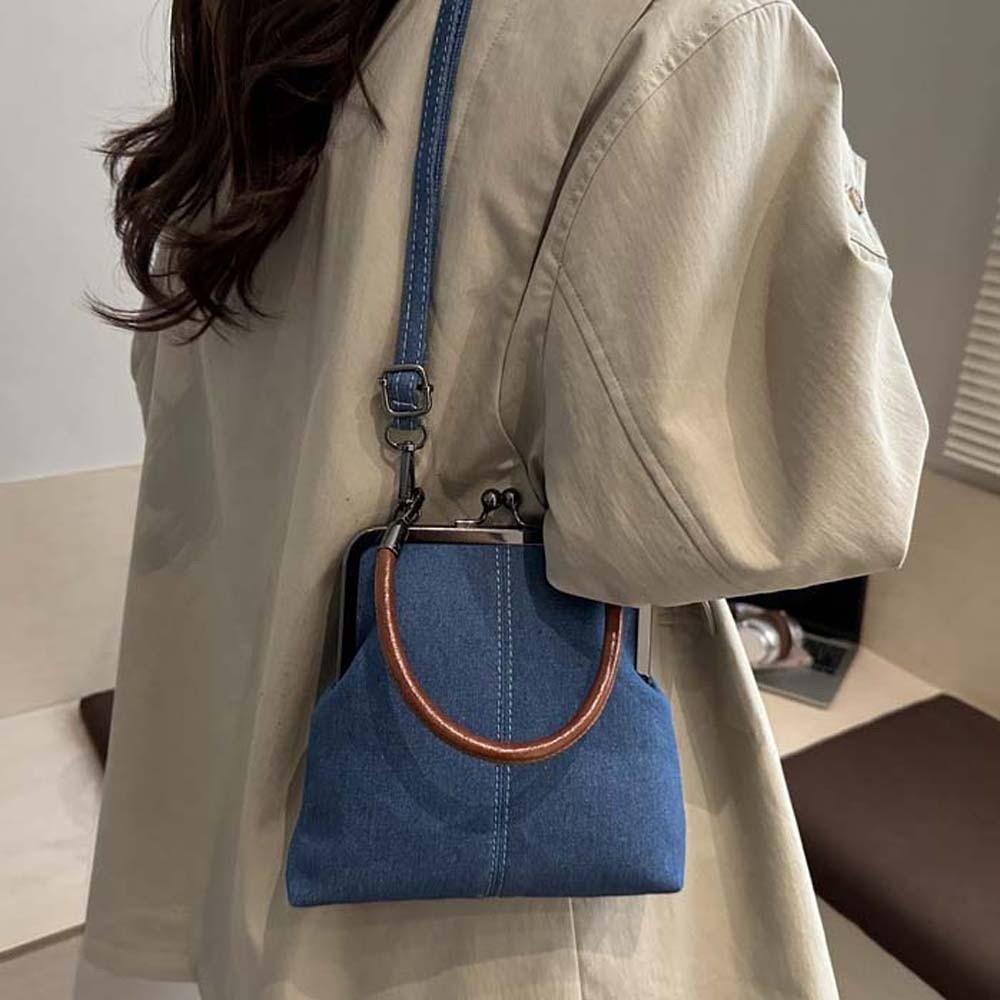 Elegant Kiss Lock Shoulder Bag Solid Color Large Capacity Denim Blue Crossbody Bag High Quality Messenger Pouch