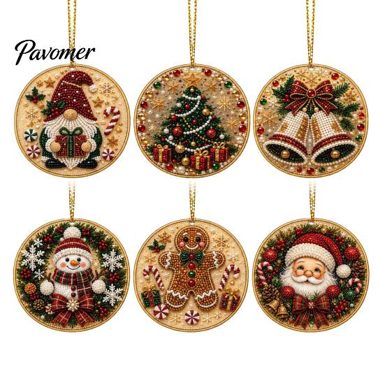 Acrylic Santa Hanging Ornaments 6 Pcs Christmas Pearl Art Ornaments, 2D Flat Holiday Tree Pendant, Effect Decoration for Home Wall Door Window
